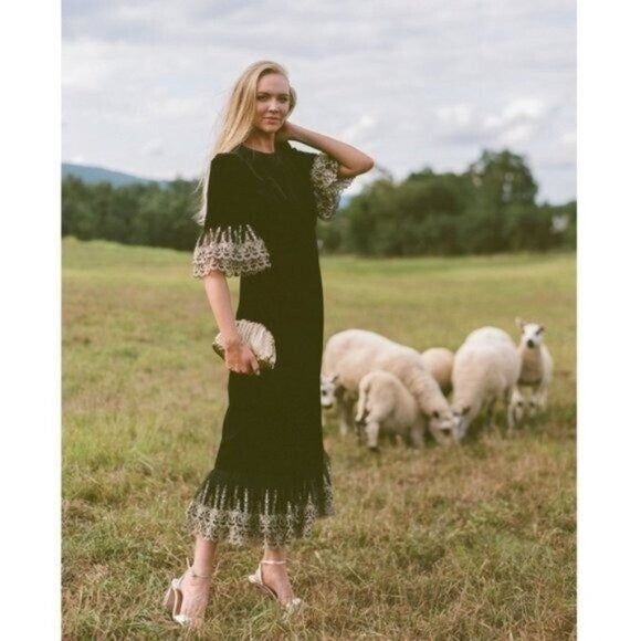 NEW Pomander Place Black Velvet Lillith Gold Embroidered Lace Maxi Dress Size L